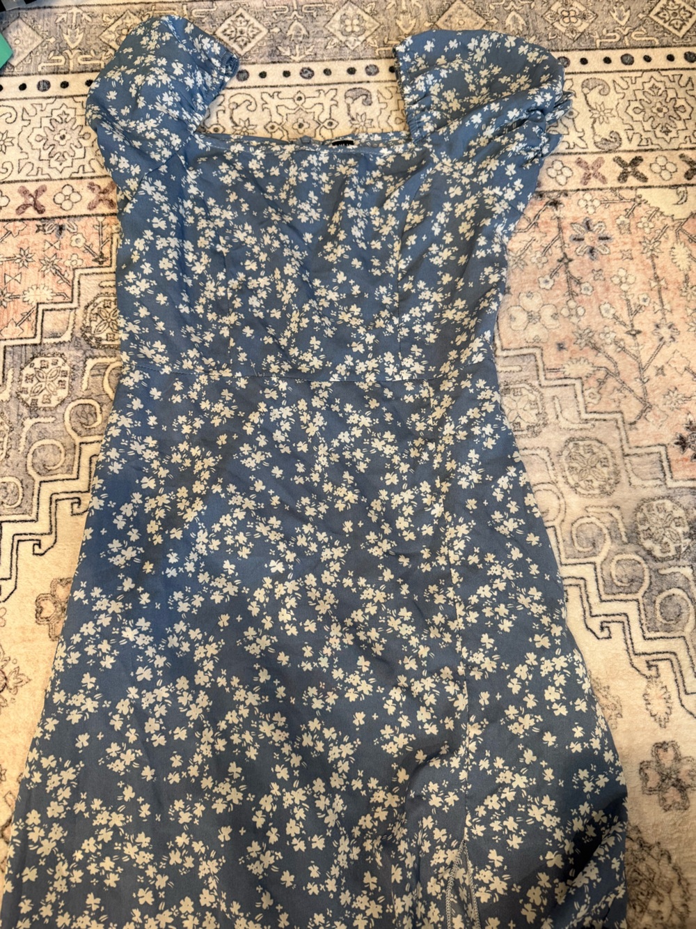 SHEIN Blue Floral Print Midi Dress with Cream Blossoms